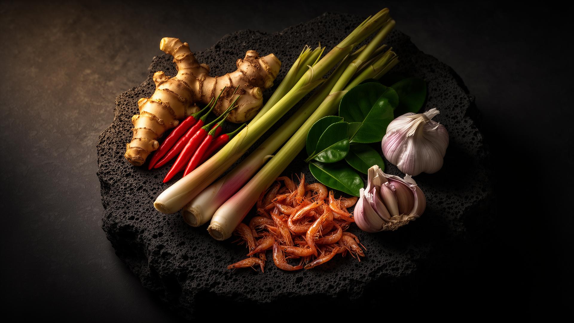 Authentic Thai ingredients on dark stone